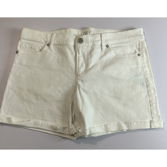 Ann Taylor LOFT Womens Sz 8 White Denim Roll Jean Shorts Raw Hem Cuff 34X5 EUC - Picture 1 of 5